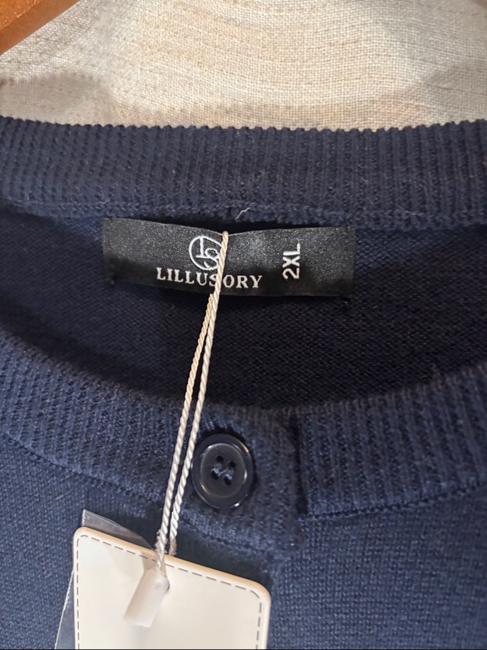 Classic Navy Button-Front Crew Cardigan - Women's 100% Cotton - Picture 2 of 6